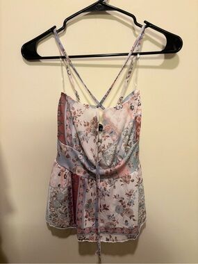 Floral Patchwork Spaghetti Strap Cami Top in Pastel Pink & Blue